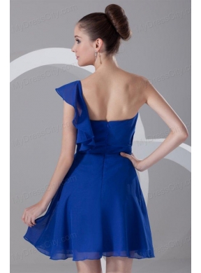 A-line One Shoulder Blue Chiffon Mini-length Ruching Prom Dress