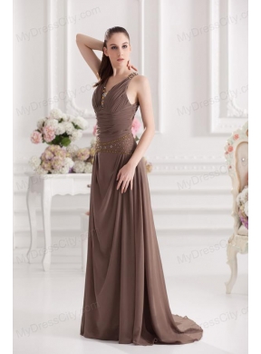 A-line Sweetheart Floor-length Beading Ruching Brown Prom Dress