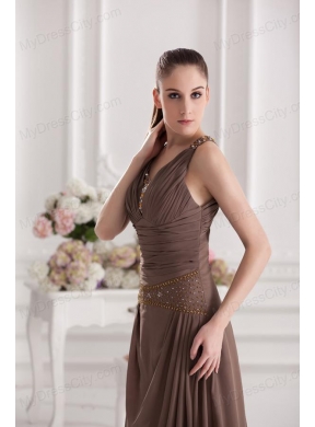 A-line Sweetheart Floor-length Beading Ruching Brown Prom Dress