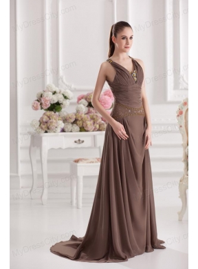 A-line Sweetheart Floor-length Beading Ruching Brown Prom Dress