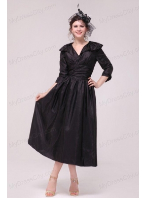 A-line V neck Black Tea-length Ruching Prom Dress with Half Sleeves