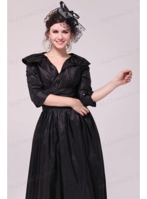 A-line V neck Black Tea-length Ruching Prom Dress with Half Sleeves