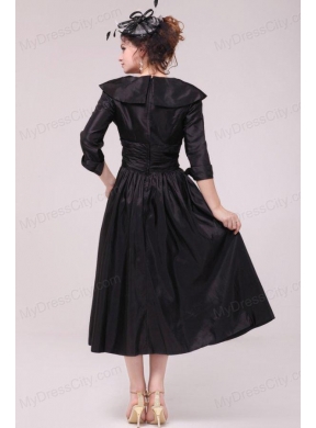 A-line V neck Black Tea-length Ruching Prom Dress with Half Sleeves