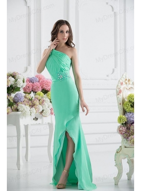 Apple Green Column One Shoulder Prom Dress with Ruching and Beading