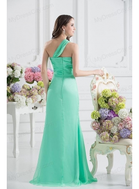 Apple Green Column One Shoulder Prom Dress with Ruching and Beading