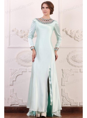 Apple Green Column Scoop Long Sleeves Prom Dress with Beading