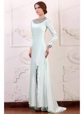 Apple Green Column Scoop Long Sleeves Prom Dress with Beading