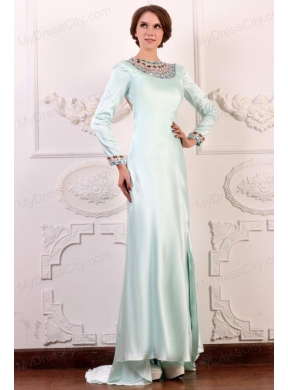 Apple Green Column Scoop Long Sleeves Prom Dress with Beading