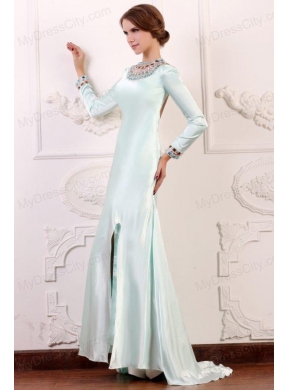 Apple Green Column Scoop Long Sleeves Prom Dress with Beading