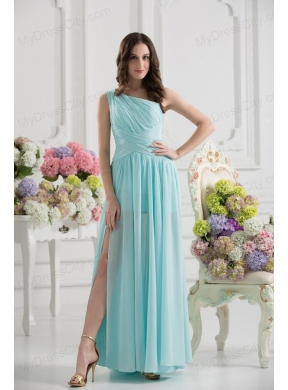 Aqua Blue One Shoulder Ruching Ankle-length Prom Dress