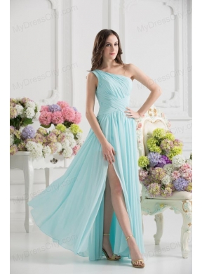 Aqua Blue One Shoulder Ruching Ankle-length Prom Dress