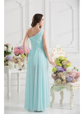 Aqua Blue One Shoulder Ruching Ankle-length Prom Dress