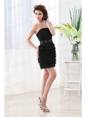 Black Column Strapless Sleeveless Mini-lengthProm Dress with Beading and Ruching