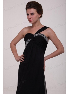 Black Empire One Shoulder Prom Dress with Beading Ankle-length