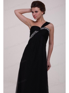 Black Empire One Shoulder Prom Dress with Beading Ankle-length