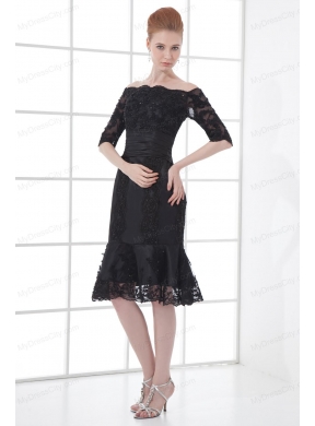 Black Mermaid Off The Shoulder Ruching Appliques Half Sleeves Prom Dress