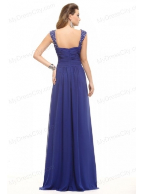 Blue Empire Straps Floor-length Chiffon Beading Prom Dress