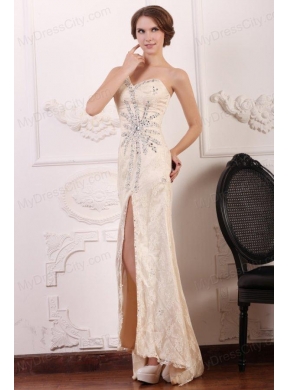 Champagne Column One Shoulder Beaded High Slit Prom Dress