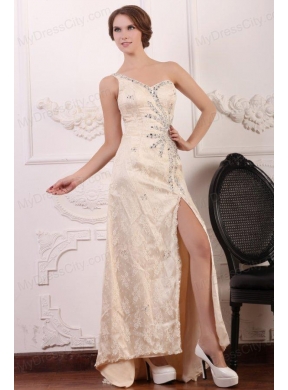 Champagne Column One Shoulder Beaded High Slit Prom Dress