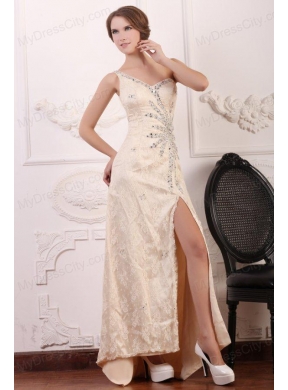 Champagne Column One Shoulder Beaded High Slit Prom Dress