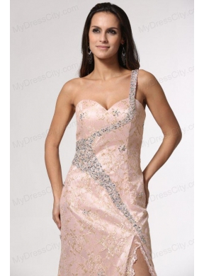 Champagne One Shoulder High Slit Prom Dress with Lace and Beading