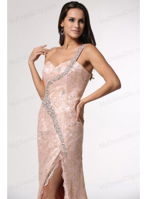 Champagne One Shoulder High Slit Prom Dress with Lace and Beading