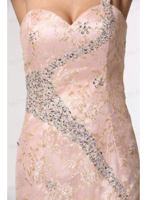 Champagne One Shoulder High Slit Prom Dress with Lace and Beading