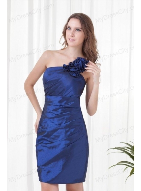 Cheap Column One Shoulder Mini-length Ruching Zipper Up Blue Prom Dress