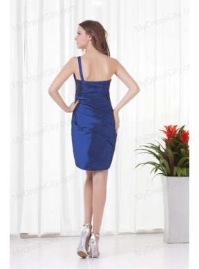 Cheap Column One Shoulder Mini-length Ruching Zipper Up Blue Prom Dress