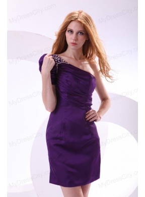 Cheap Column One Shoulder Purple Mini-length Beading Taffeta Prom Dress with Side Zipper