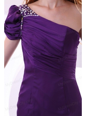 Cheap Column One Shoulder Purple Mini-length Beading Taffeta Prom Dress with Side Zipper