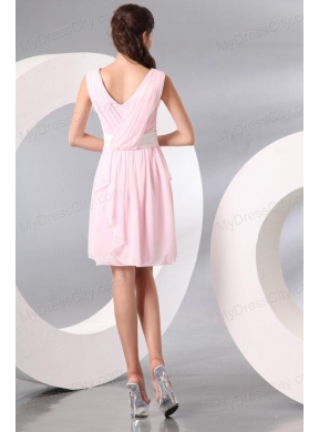 Column Baby Pink V-neck Chiffon Short Prom Cocktail Dress