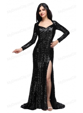 Column Black Square Long Sleeves Sequins High Slit Brush Train Prom Dress