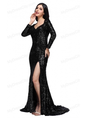 Column Black Square Long Sleeves Sequins High Slit Brush Train Prom Dress