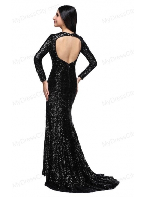 Column Black Square Long Sleeves Sequins High Slit Brush Train Prom Dress