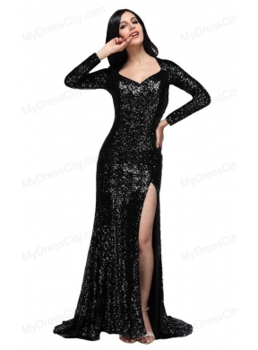 Column Black Square Long Sleeves Sequins High Slit Brush Train Prom Dress