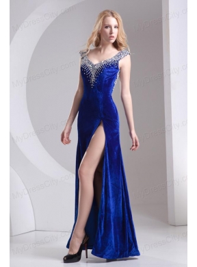 Column Blue Straps Beading High Slit Special Fabric Prom Dress