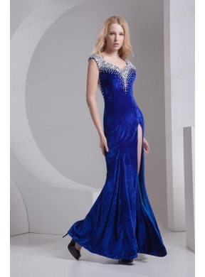 Column Blue Straps Beading High Slit Special Fabric Prom Dress