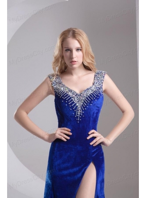 Column Blue Straps Beading High Slit Special Fabric Prom Dress