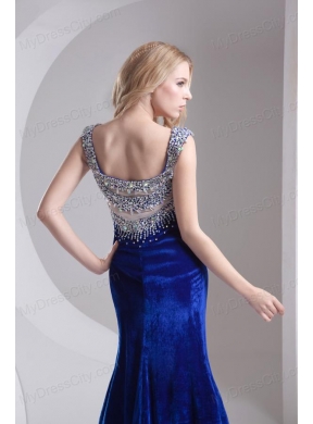 Column Blue Straps Beading High Slit Special Fabric Prom Dress