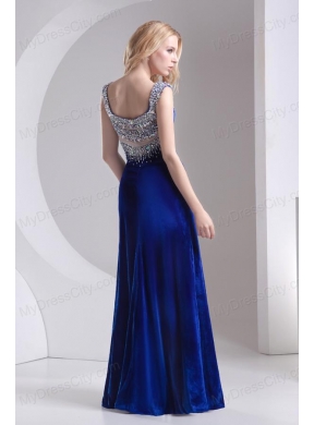 Column Blue Straps Beading High Slit Special Fabric Prom Dress