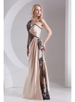 Column Champagne One Shoulder Beading Appliques Taffeta Prom Dress