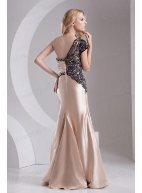 Column Champagne One Shoulder Beading Appliques Taffeta Prom Dress