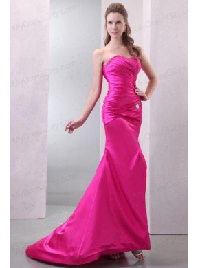 Column Hot Pink High Slit Sweetheart Beading and Ruching Prom Dress