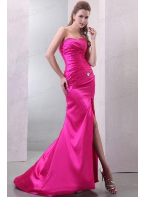 Column Hot Pink High Slit Sweetheart Beading and Ruching Prom Dress