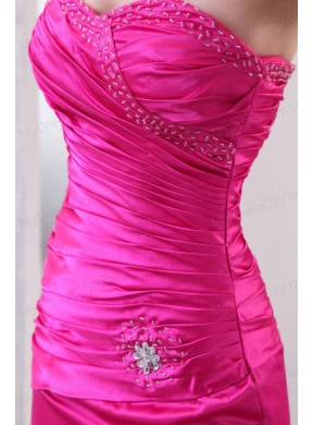 Column Hot Pink High Slit Sweetheart Beading and Ruching Prom Dress