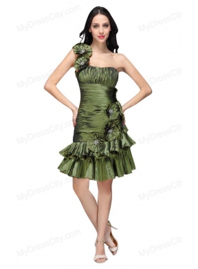 Column Olive Green One Shoulder Hand Made Flower Ruching Prom Dress