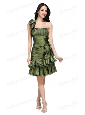 Column Olive Green One Shoulder Hand Made Flower Ruching Prom Dress