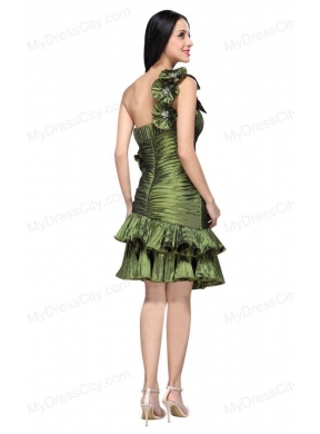 Column Olive Green One Shoulder Hand Made Flower Ruching Prom Dress