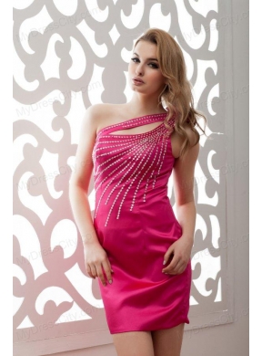 Column One Shoulder Mini-length Taffeta Hot Pink Prom Dress